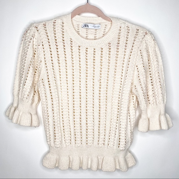 Zara Tops - Zara Knit Sweater Cream Short Sleeve Ruffle Trim Open Knit Neutral Size Small